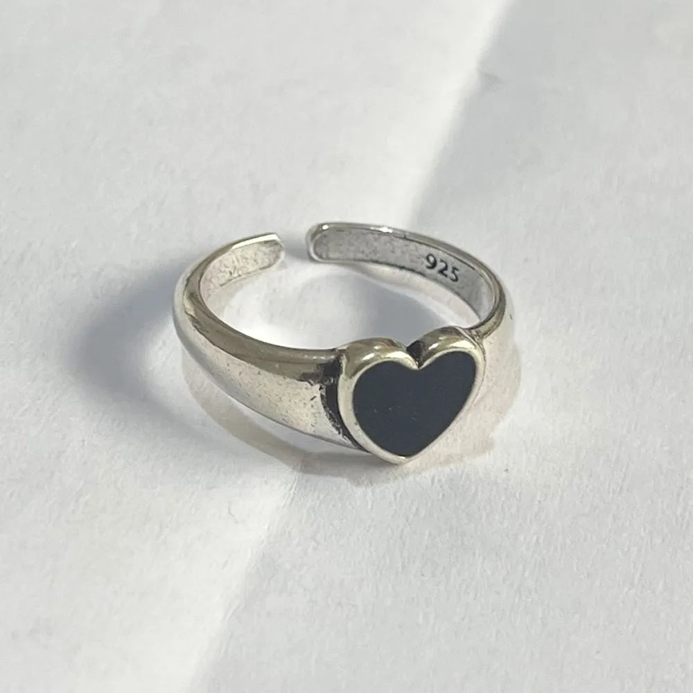 925 Sterling Silver Finger Black Heart Ring